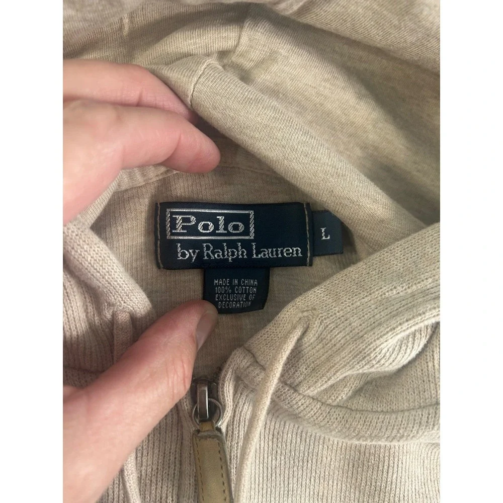 Polo Ralph Lauren Full Zip Hoodie Mens Large Beige Tan Ribbed Cotton Pony Logo